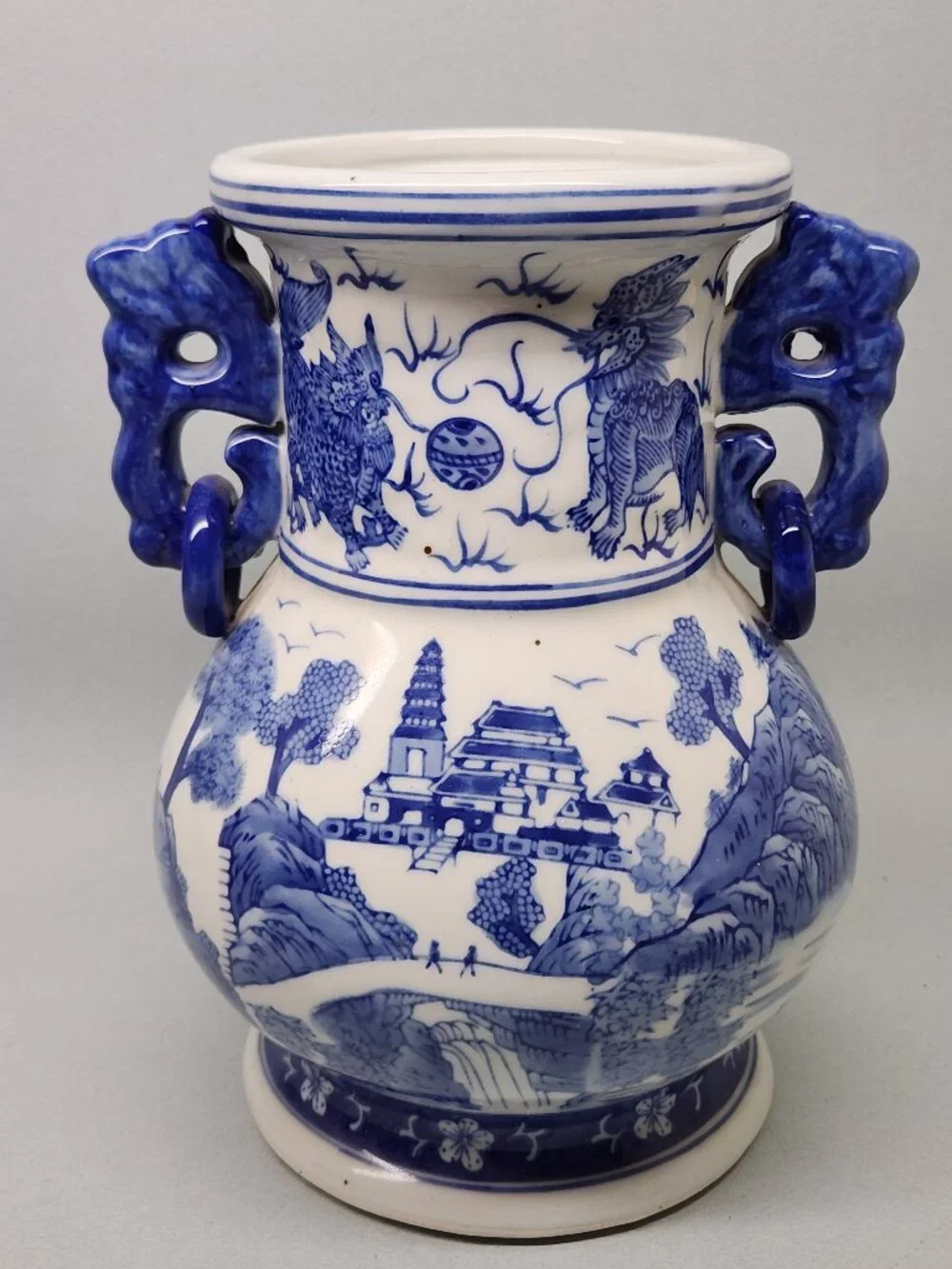 Chinese Blue and White Two Handled Vase / Hand Painted / 9 Inches Tall